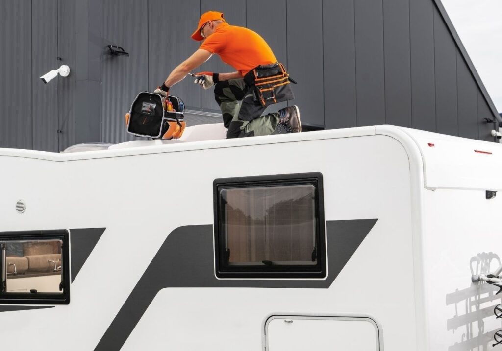Mobile RV repair van arriving at customer’s driveway for same-day pre-trip inspection service